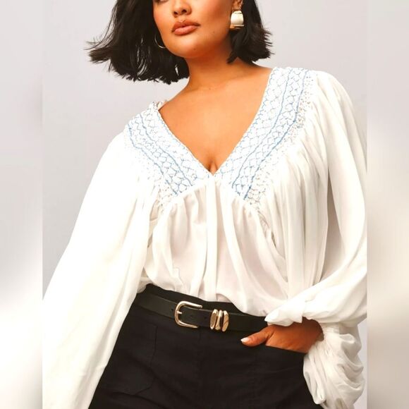 Anthropologie Tops - 🔥ANTHROPOLOGIE V-Neck Embroidery Trim Sheer Blouse Top Womens size M